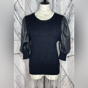 Tahari Faux Leather Puff Sleeve Sweater Black Cable Knit M